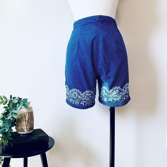 Vintage Blue 60s Polka Dot High Waisted Black Shorts extra Small Floral - Picture 1 of 10